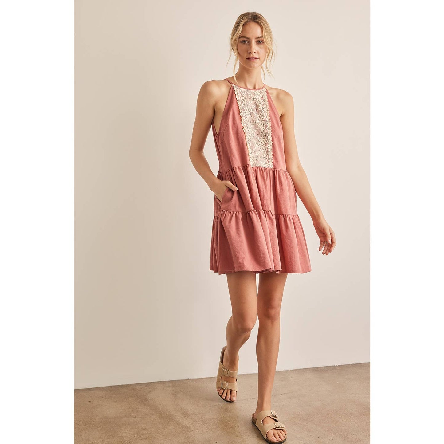 Lace Contrast Tiered Halter Neck Mini Dress