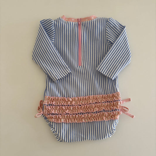 Back image ofswimsuit showing ruffles on bottom and zipper