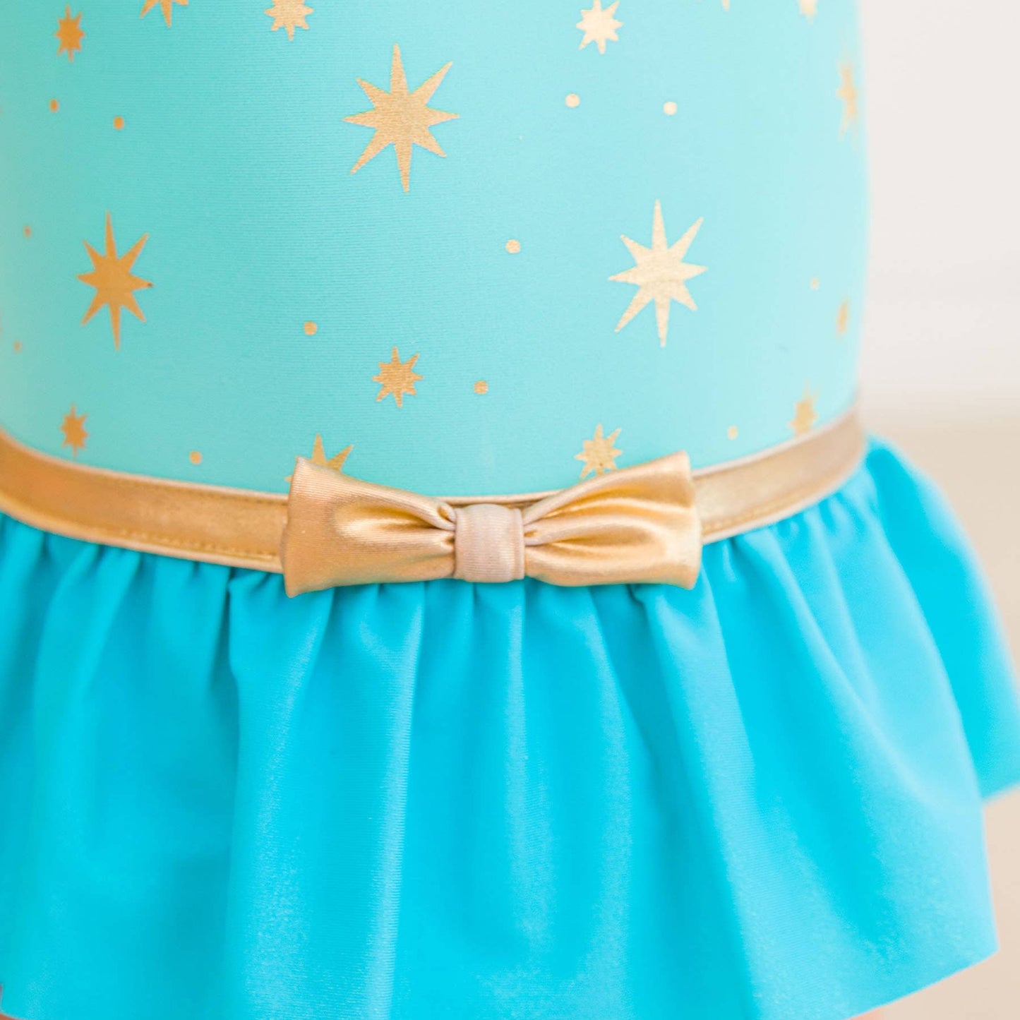 Teal & Gold Princess Long Sleeve Bow Skirted One-Piece Swimsuit