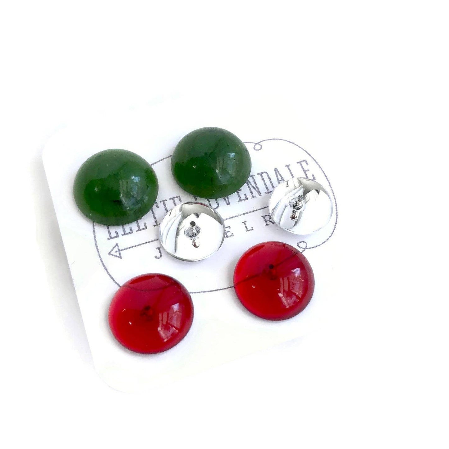 Holiday Retro Button Studs in Red Green & Silver Clear Earrings Set
