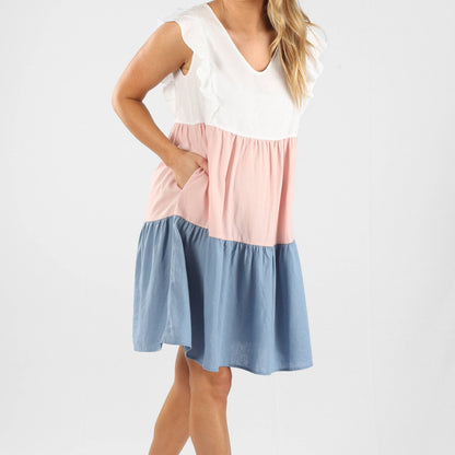 Maternity & Nursing Linen Blend Tiered Dress | White, Blue, & Pink