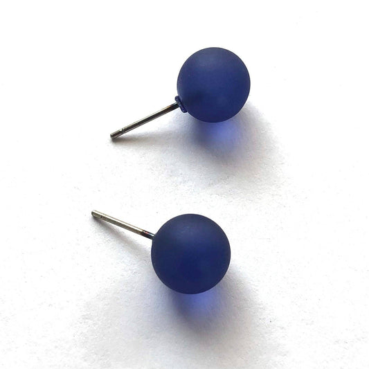 Dark Cobalt Frosted Ball Stud Earrings