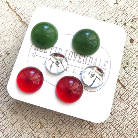 Holiday Retro Button Studs in Red Green & Silver Clear Earrings Set