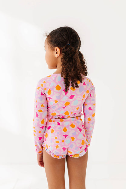 1/4th Zip Rashguard Two-Piece Swimsuit | Pink Leopard
