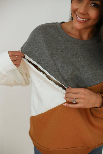 Crewneck Diagonal Zip Breastfeeding Sweatshirt | Camel