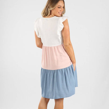 Maternity & Nursing Linen Blend Tiered Dress | White, Blue, & Pink