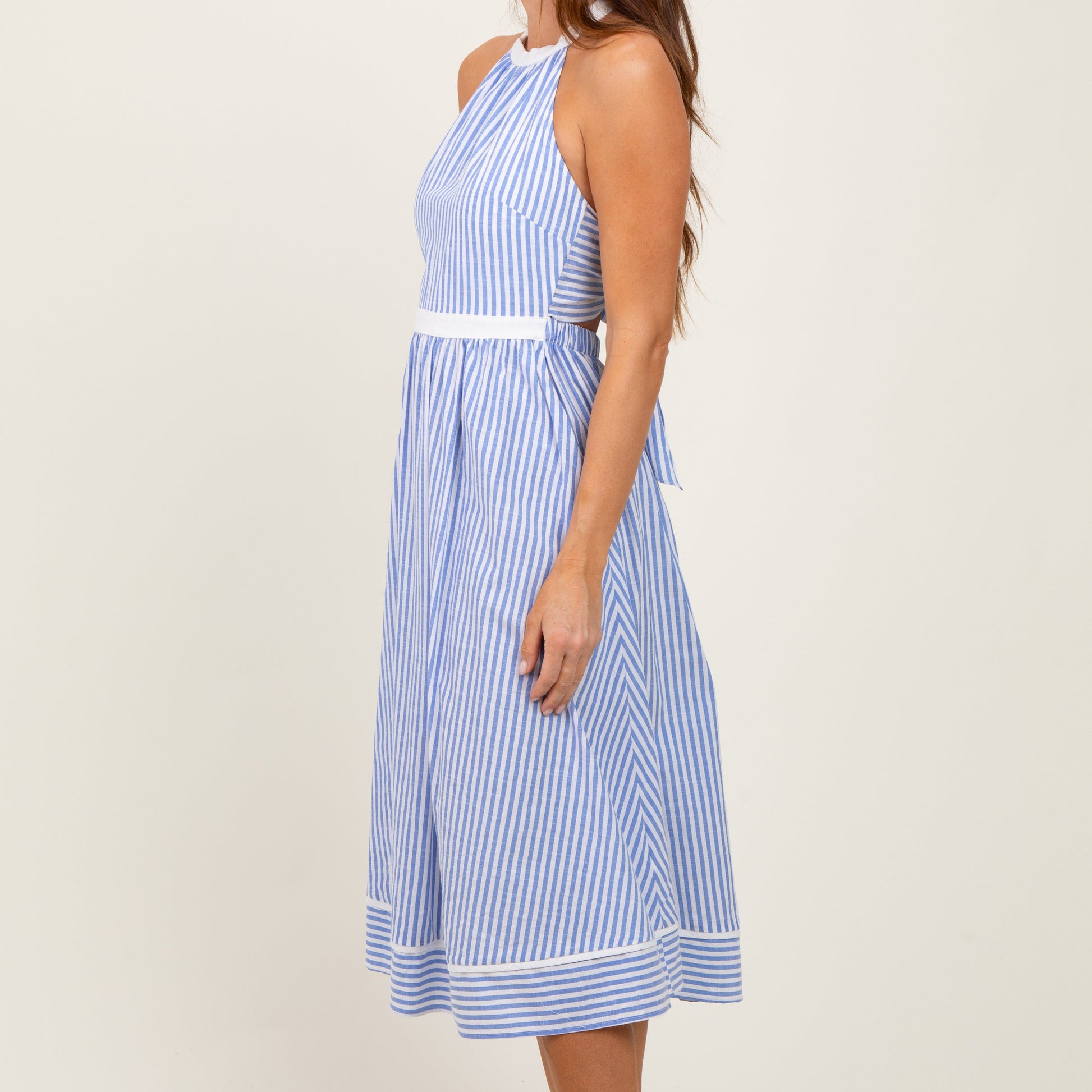 halter cutout midi dress Blue Striped Halter Maternity Tie Back Cutout Midi Dress – Athena's Market