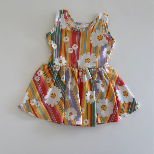 Colorful striped dress with floral patterns on a white background
