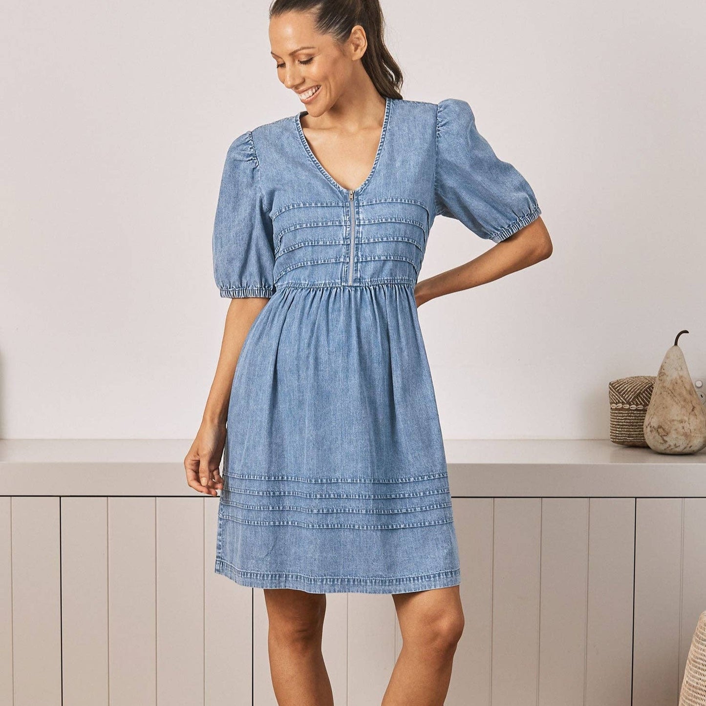 Livie Reversible Maternity Denim Dress in Washed Blue