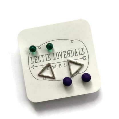 Tiny Emerald Blue & Silver Triangle Geo Studs Earrings Set