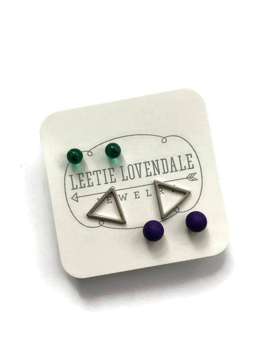 Tiny Emerald Blue & Silver Triangle Geo Studs Earrings Set