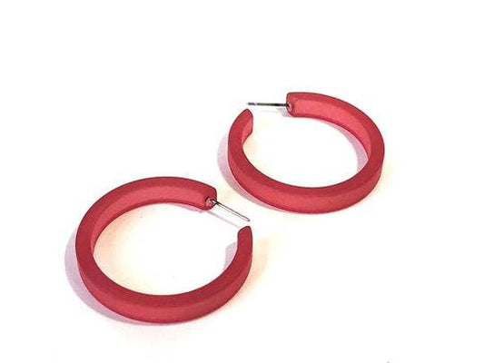 Cranberry Red Frosted Lucite Classic Hoop Earrings