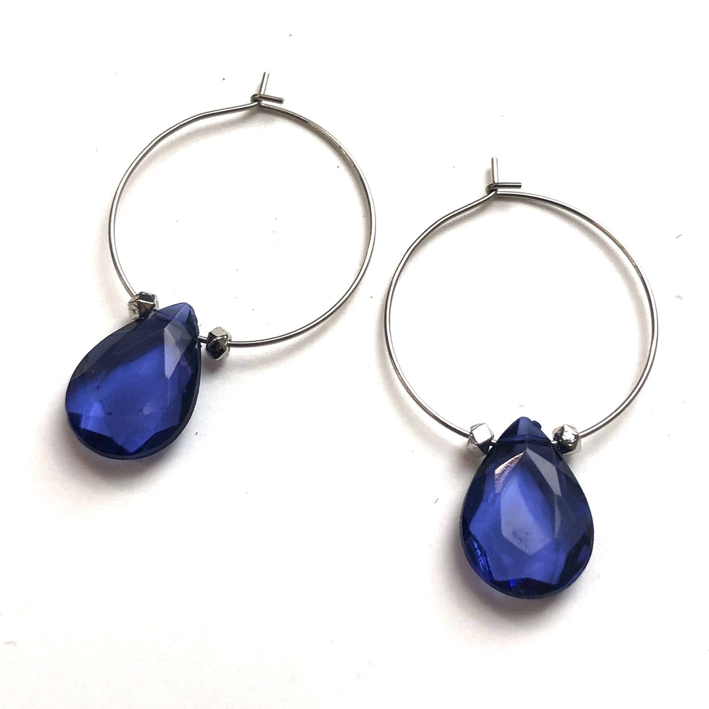 Denim Blue Faceted Briolette Hoop Earrings