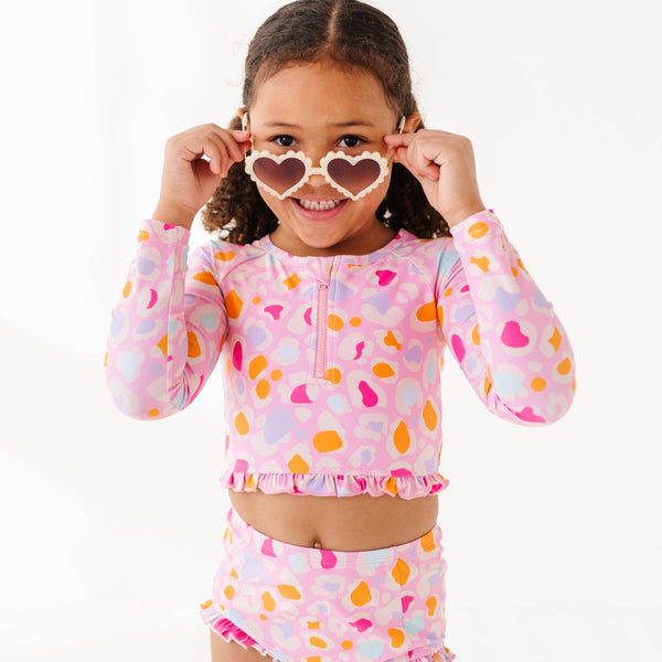 1/4th Zip Rashguard Two-Piece Swimsuit | Pink Leopard