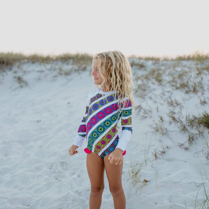 Kids' One-Piece Swimsuit | Long Sleeve | Bright Mandala Stripe
