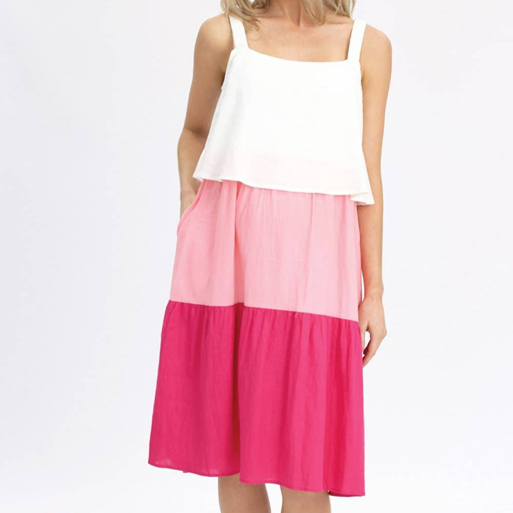 Sleeveless Maternity & Nursing Linen Tiered Dress - White & Pink