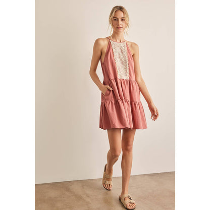 Lace Contrast Tiered Halter Neck Mini Dress