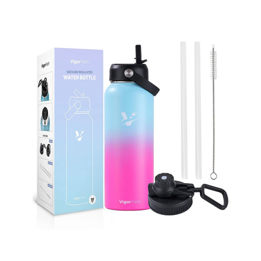 Gradient blue to pink water bottle with accessories and packaging on a white background