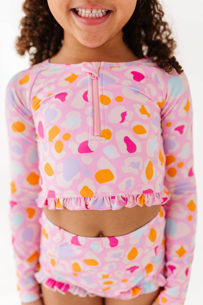 1/4th Zip Rashguard Two-Piece Swimsuit | Pink Leopard