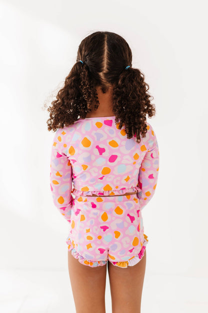 1/4th Zip Rashguard Two-Piece Swimsuit | Pink Leopard