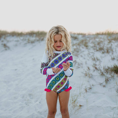 Kids' One-Piece Swimsuit | Long Sleeve | Bright Mandala Stripe