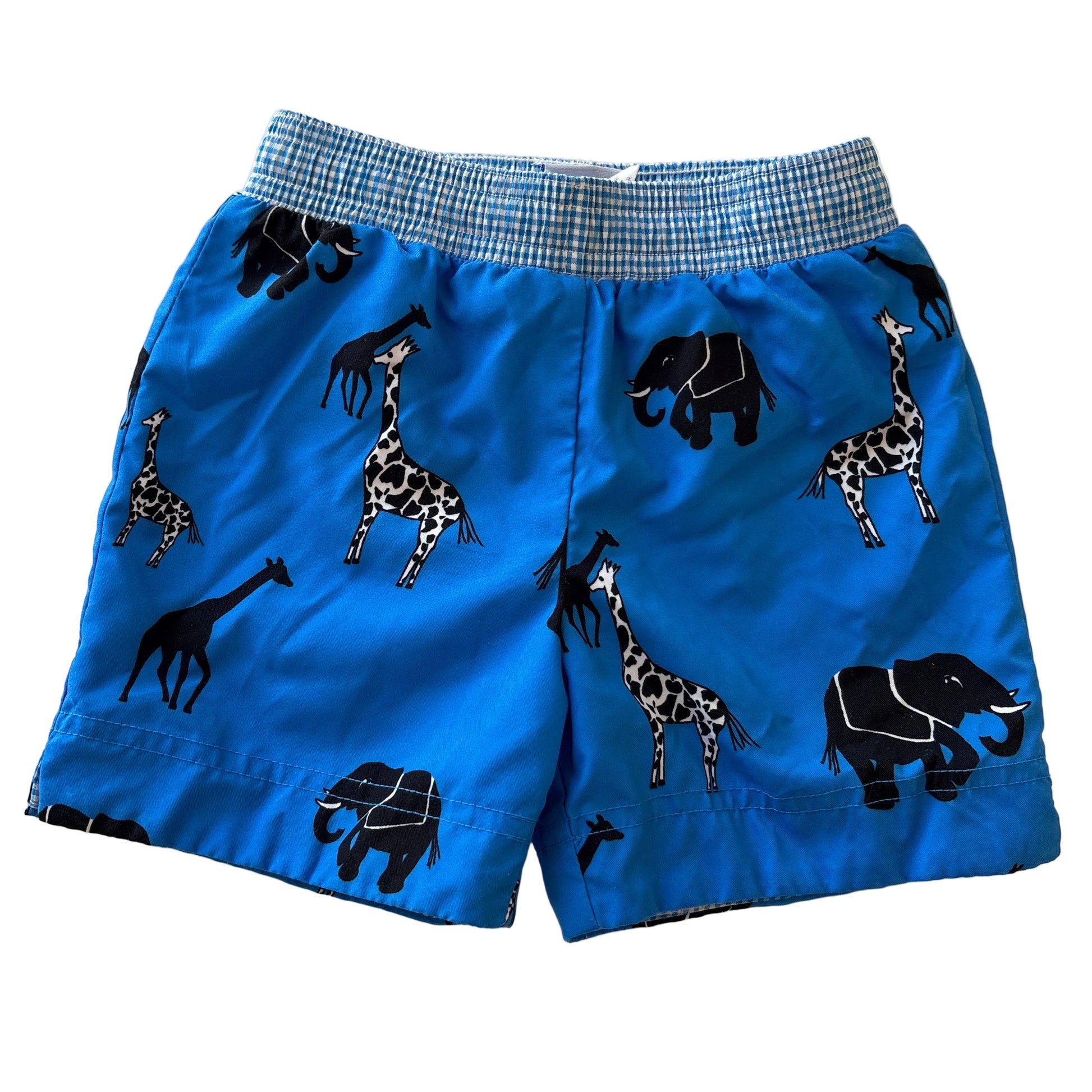 animal print swim trunks in blue