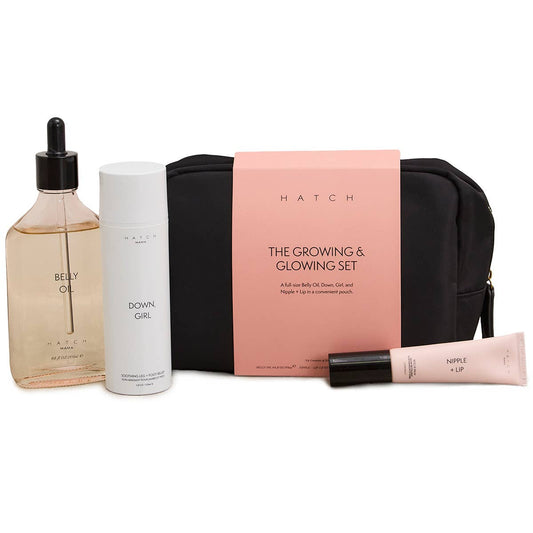 Skincare product set including a bottle, tube, and pouch with 'HATCH' branding on a white background.