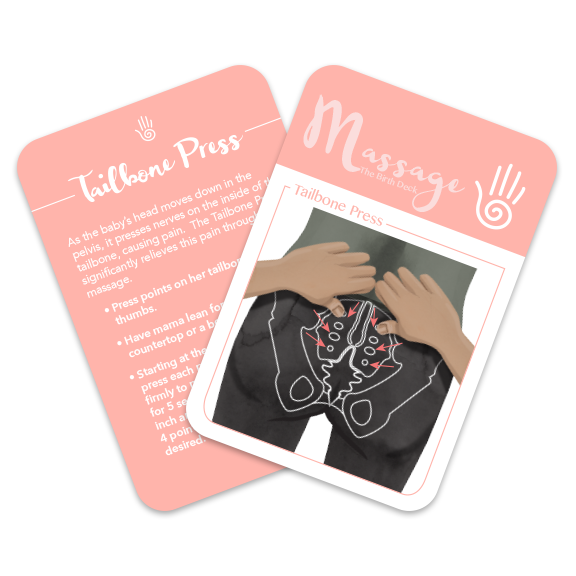 Two cards from Tailbone Press with a diagram of a massage and text on a white background