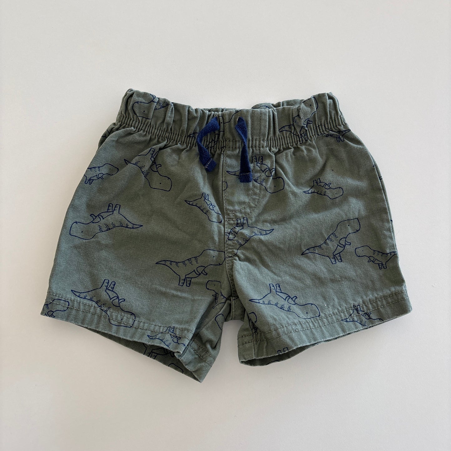 green shorts with navy blue outlined dinosaur print