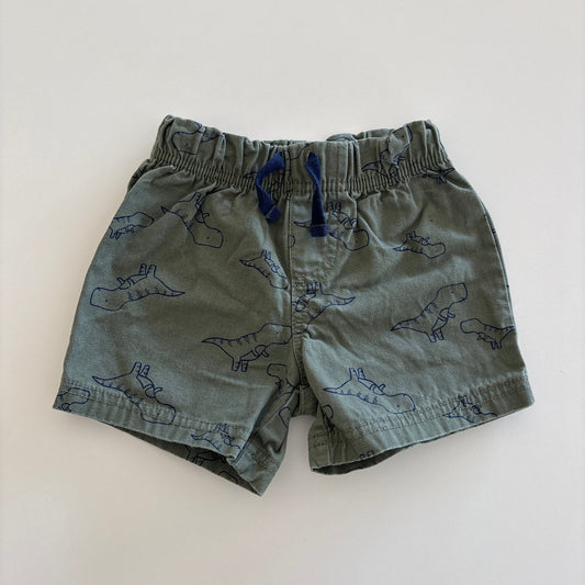 green shorts with navy blue outlined dinosaur print