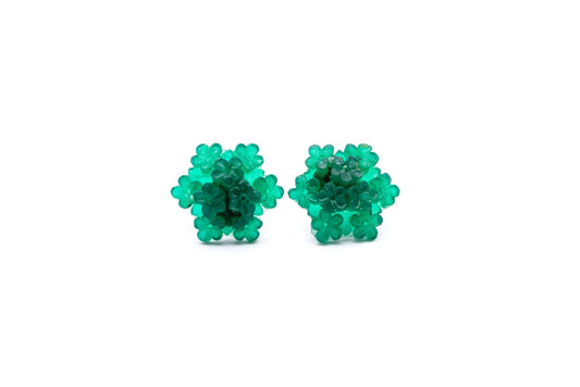 Emerald Jade Green Carved Resin Floral Cluster Stud Earrings