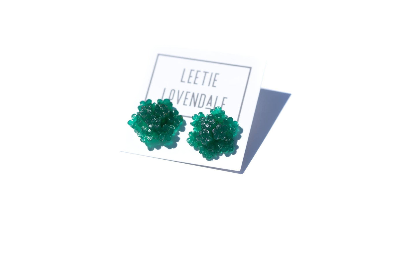 Emerald Jade Green Carved Resin Floral Cluster Stud Earrings