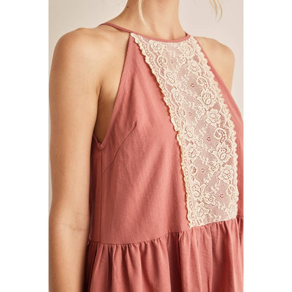 Lace Contrast Tiered Halter Neck Mini Dress