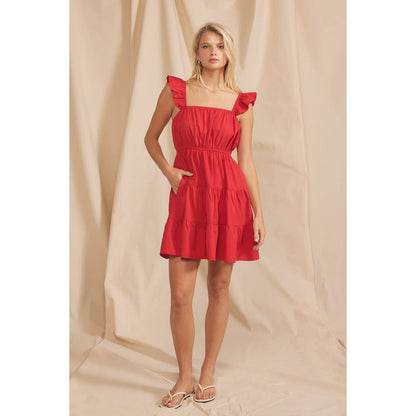 Ruffle Sleeved Tiered Dress | Red or Blue