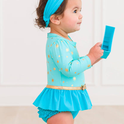 Teal & Gold Princess Long Sleeve Bow Skirted One-Piece Swimsuit