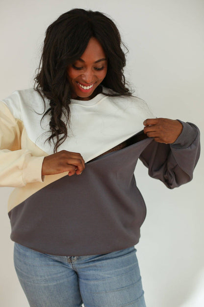 Crewneck Diagonal Zip Breastfeeding Sweatshirt | Camel