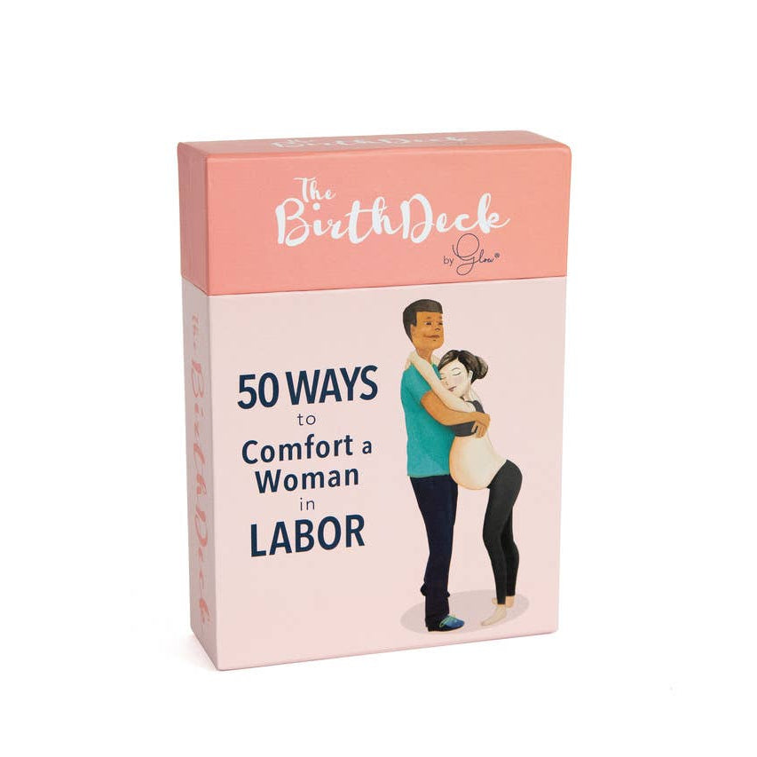 Card game box titled '50 Ways to Comfort a Woman Labor' with a man and woman illustration on a white background.