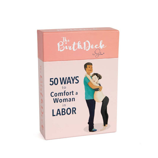 Card game box titled '50 Ways to Comfort a Woman Labor' with a man and woman illustration on a white background.