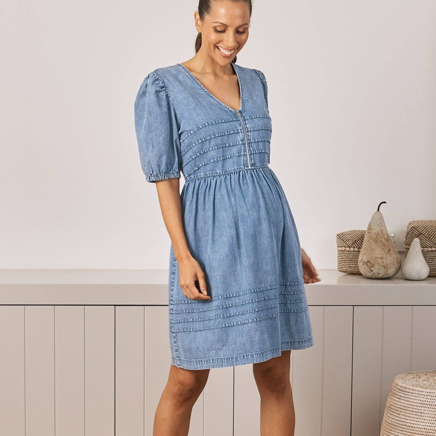 Livie Reversible Maternity Denim Dress in Washed Blue