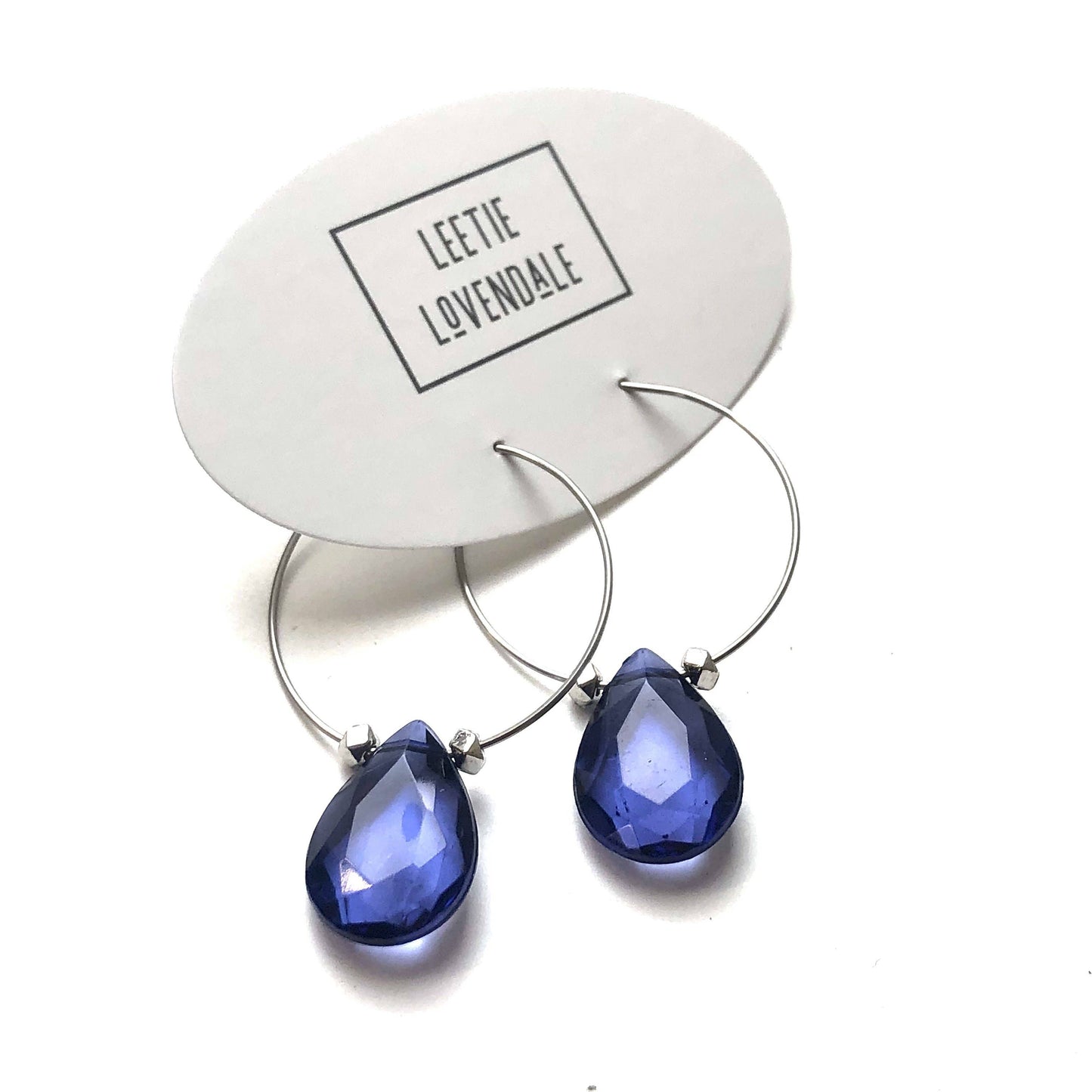 Denim Blue Faceted Briolette Hoop Earrings