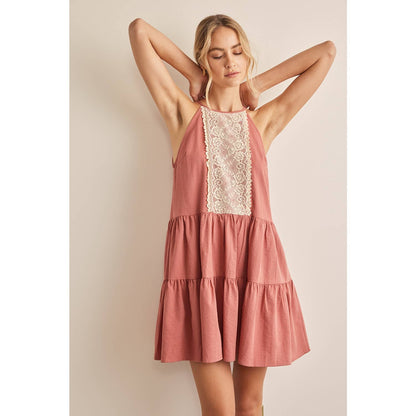 Lace Contrast Tiered Halter Neck Mini Dress