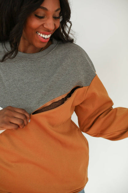 Crewneck Diagonal Zip Breastfeeding Sweatshirt | Camel