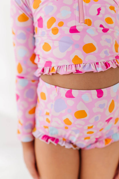1/4th Zip Rashguard Two-Piece Swimsuit | Pink Leopard