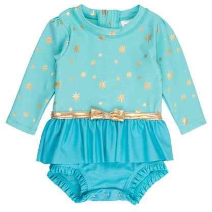 Teal & Gold Princess Long Sleeve Bow Skirted One-Piece Swimsuit