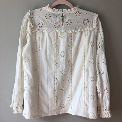 J. Crew White Cotton Blouse Floral, Small (Pre-Loved)