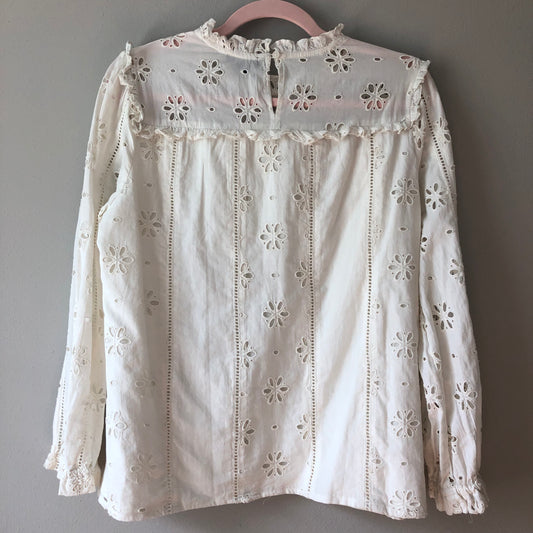 J. Crew White Cotton Blouse Floral, Small (Pre-Loved)