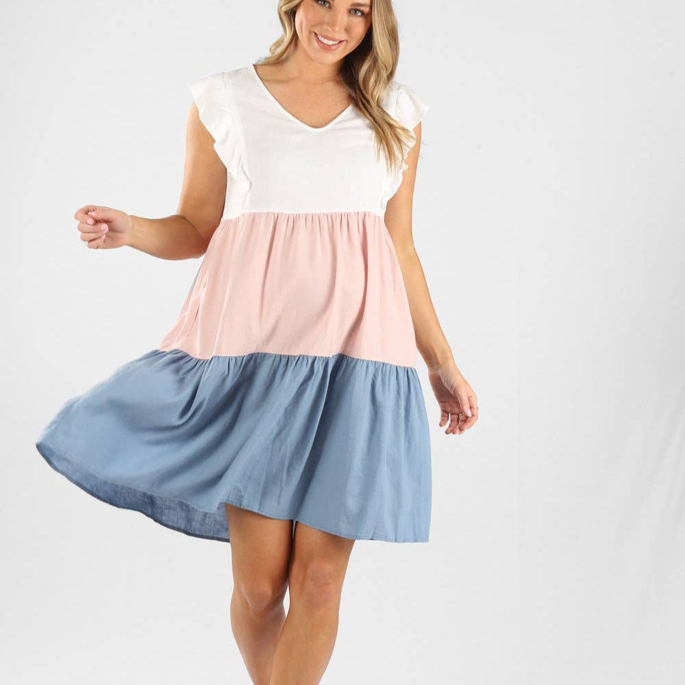 Maternity & Nursing Linen Blend Tiered Dress - White, Blue, & Pink