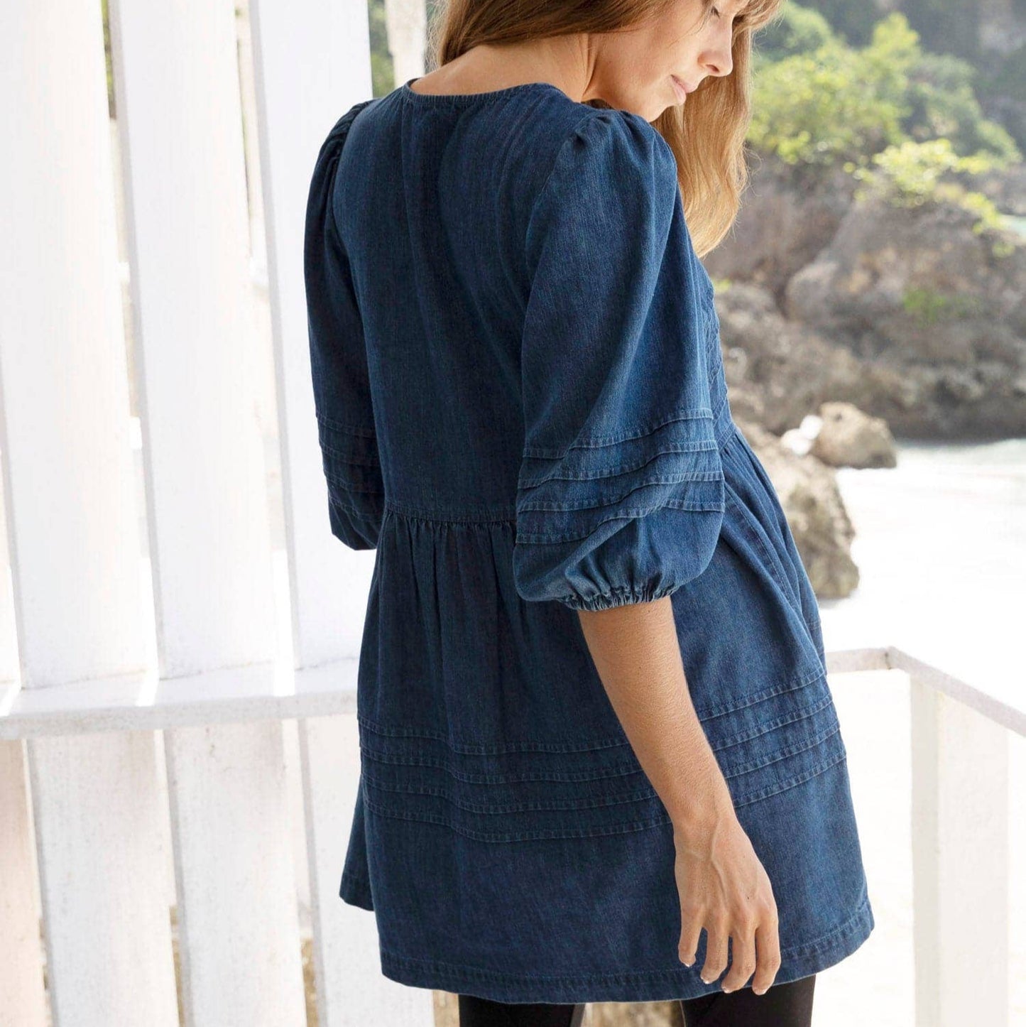 Maternity & Nursing Denim Tunic Top, Puff Sleeve