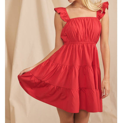 Ruffle Sleeved Tiered Dress | Red or Blue