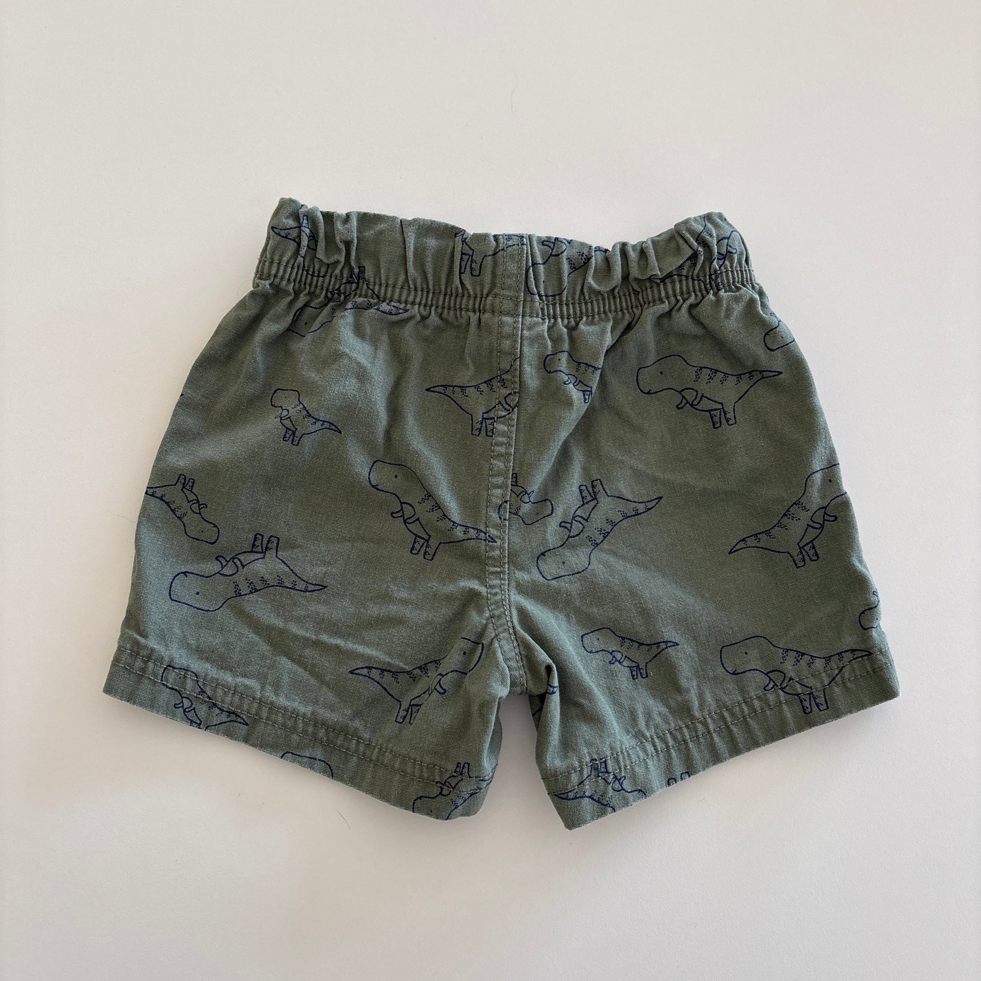 back view of green shorts with dinosaur print